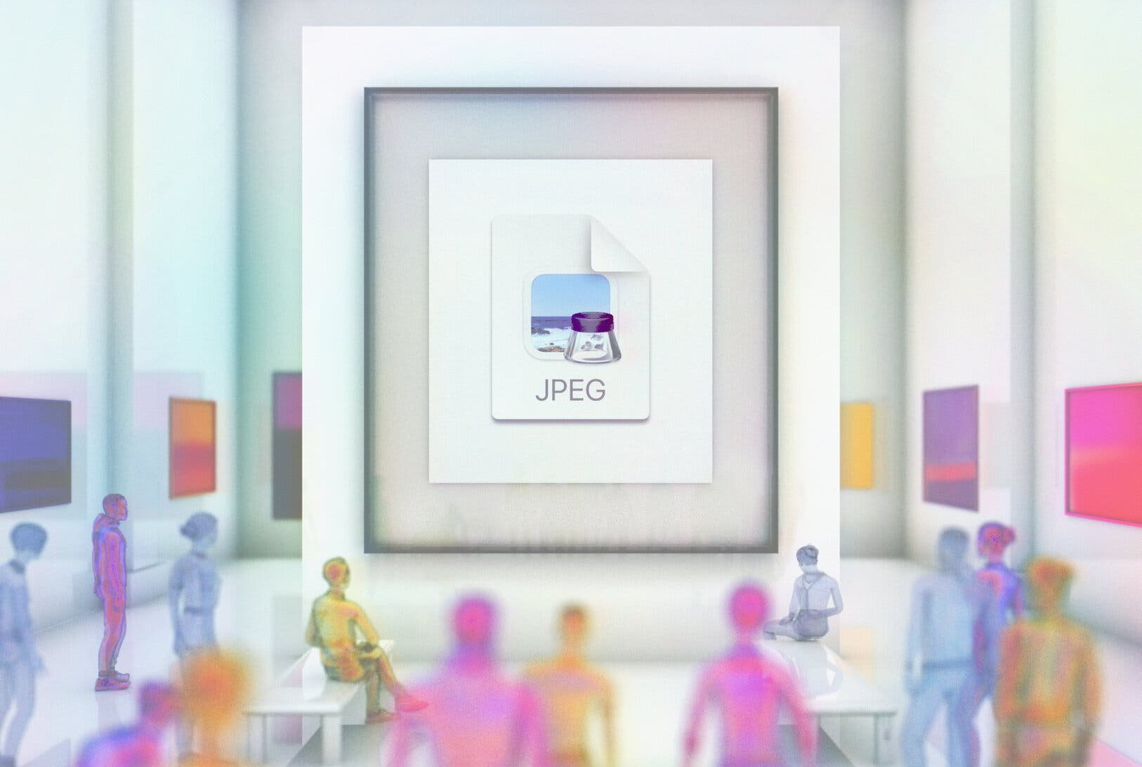 several people standing in a museum around a jpeg icon displayed like a piece of art
